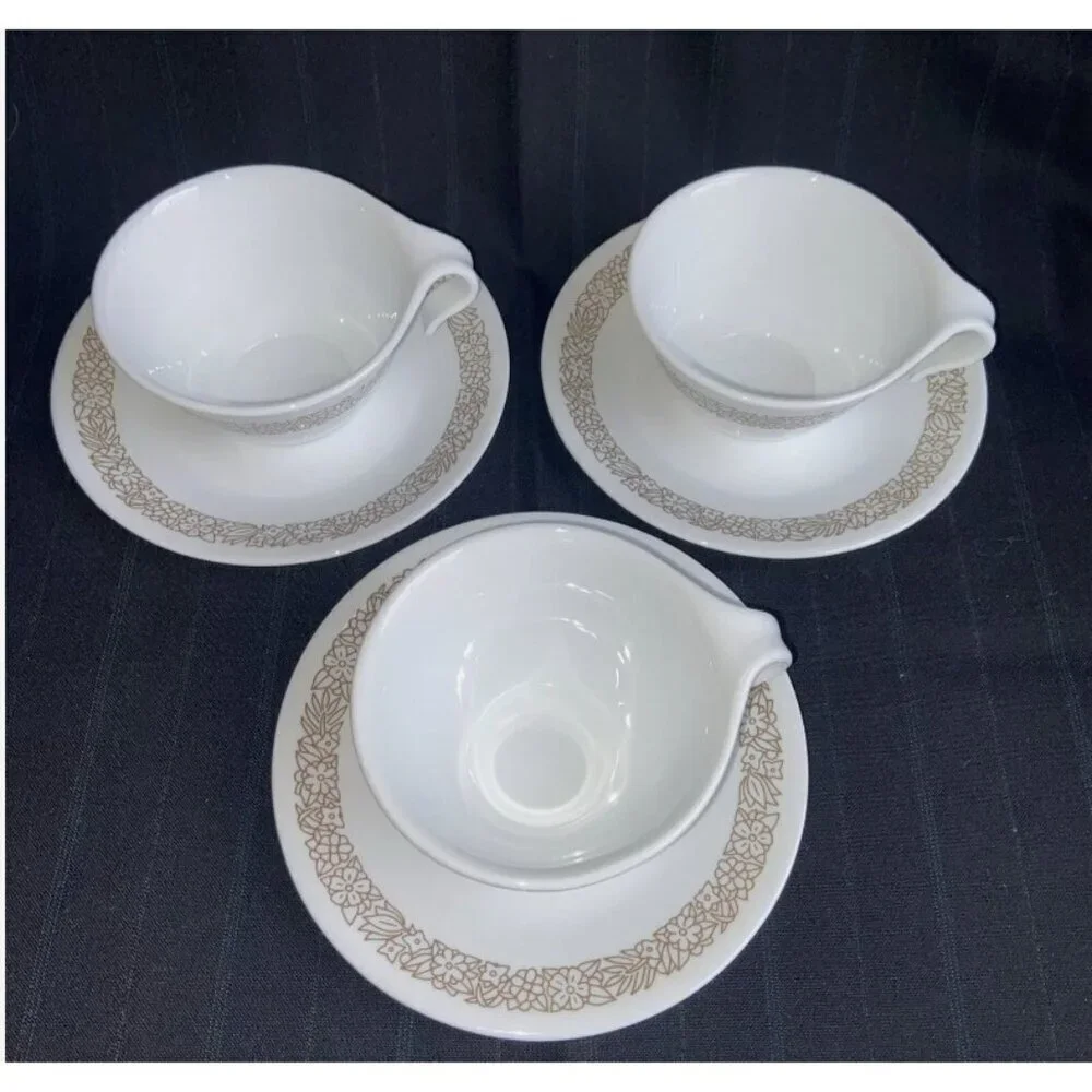 3 Vintage Corelle Woodland Brown cup & saucer sets hook handle Corning 6 pcs EUC